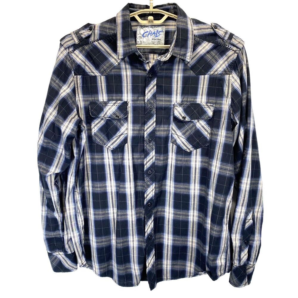 Chalc Men's Button Up Long Sleeve Plaid Shirt Pearl Snap/Embroidered Pockets